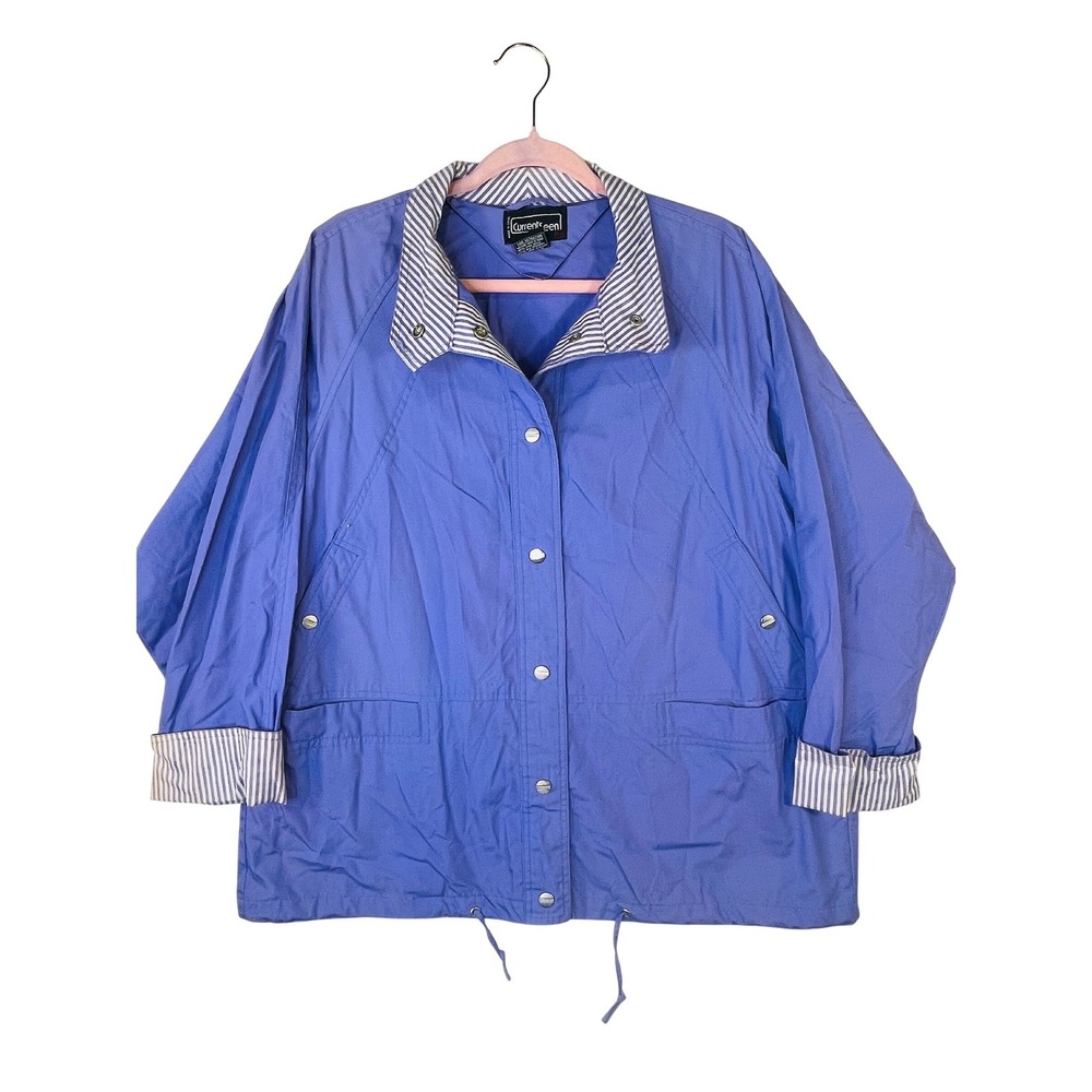 Currentseen Vintage Blue Snap Front Utility Jacket Striped Trim Plus Size 18W